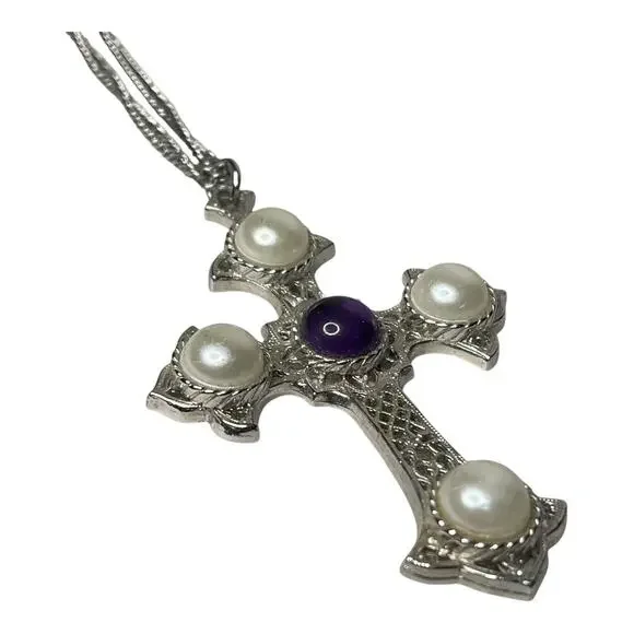 Vintage Sarah Coventry Cross Necklace Faux Pearl Purple Cabochon Silver Tone - Picture 6 of 8